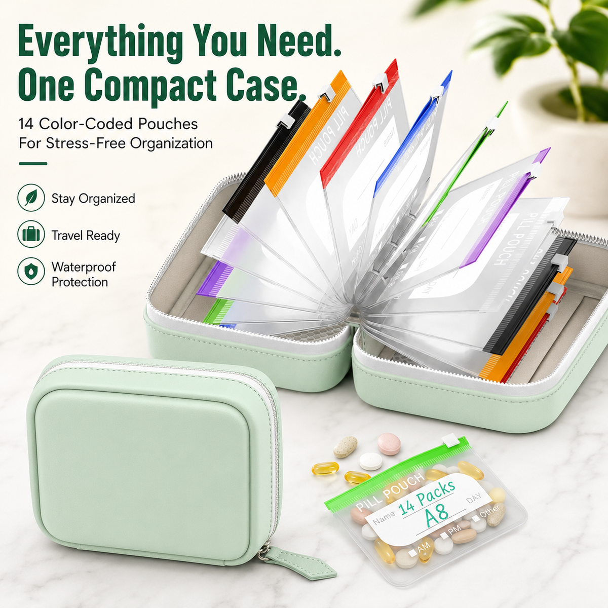 14-Pouch Travel Pill Organizer – Waterproof Case for Medications & Vitamins