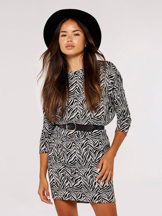 Zebra-patterned boot-cut mini knitted dress