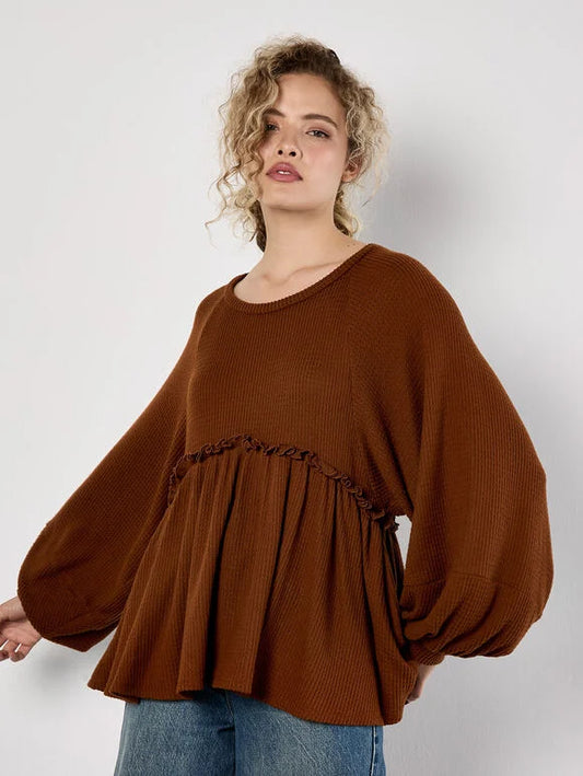 Waffle Knit Babydoll Oversized Top