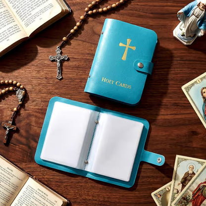 ✝️ Catholic PU Leather Holy Card Holder – Pocket Prayer Card Organizer with Snap Closure