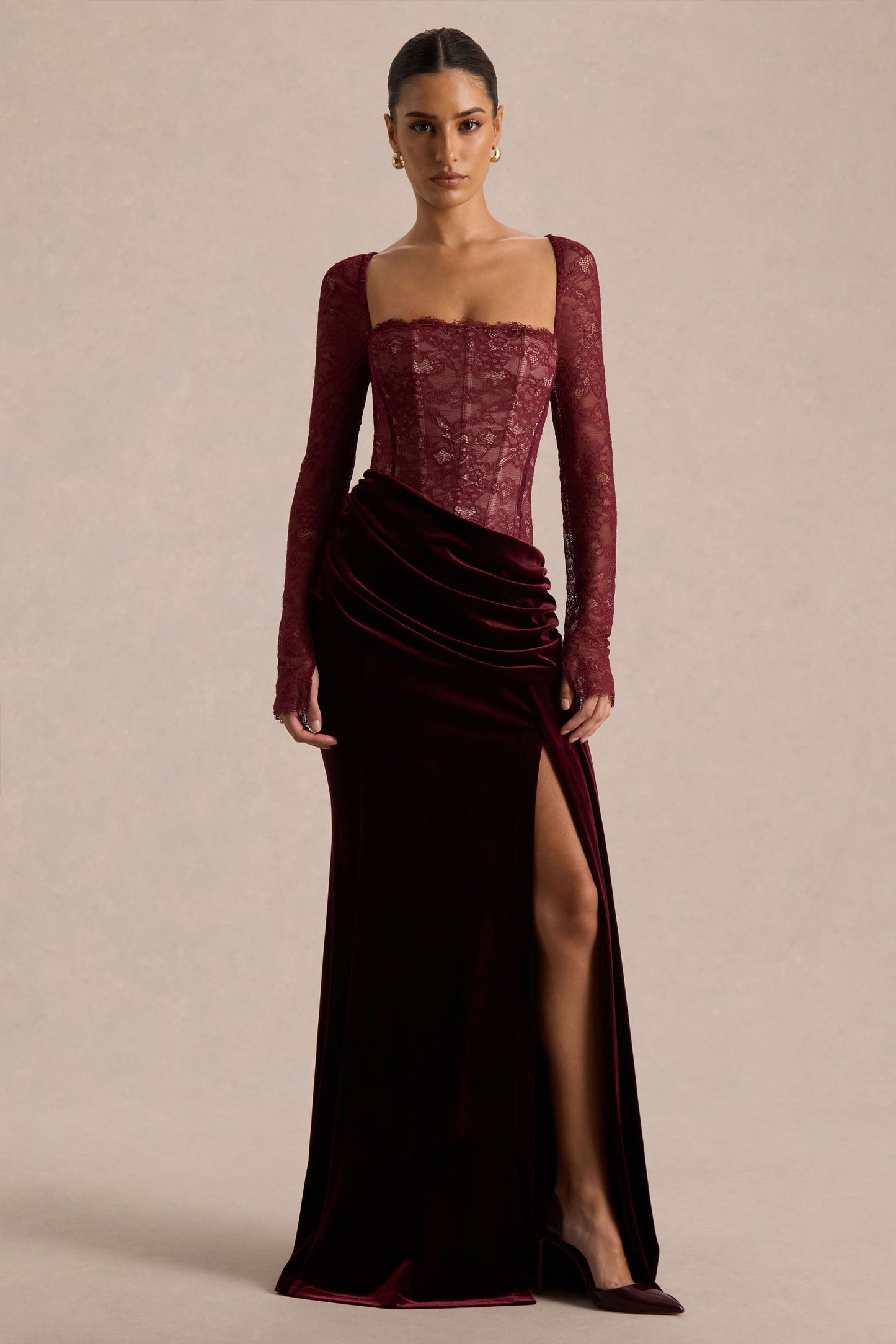 Burgundy Lace And Velvet Square-Neck Maxi Dress With Draped Skirt