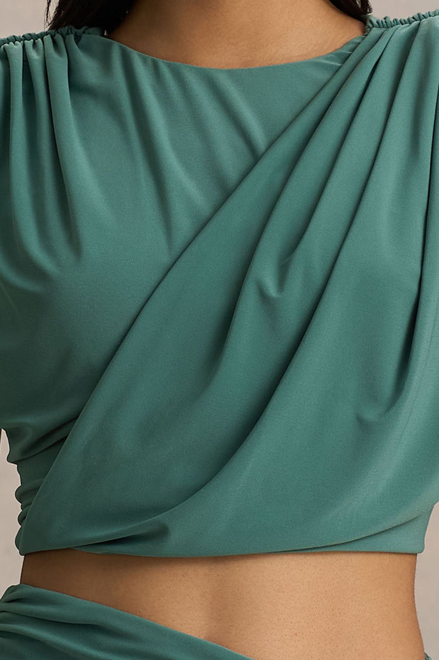 Green Crew-Neck Crop-Top With Ruched Detailing
