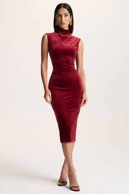 Burgundy Velvet High-Neck Midi Dress With Cap-Sleeves