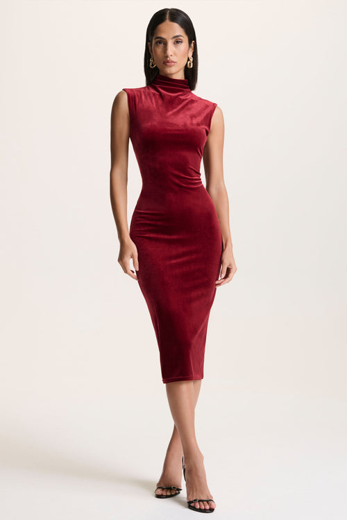 Burgundy Velvet High-Neck Midi Dress With Cap-Sleeves