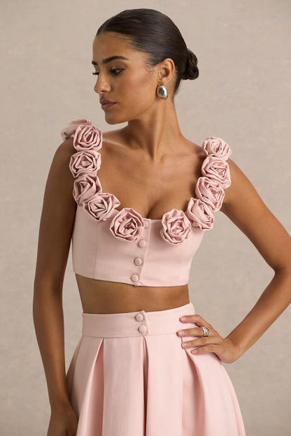 Baby Pink Scoop-Neck Crop Top With Corsage Details