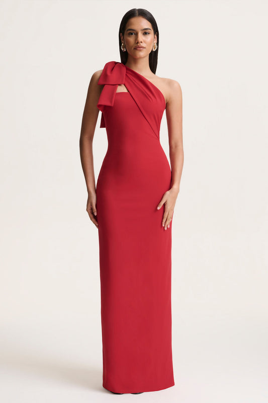 Red Asymmetric-Neck Maxi Dress With Bow-Detail