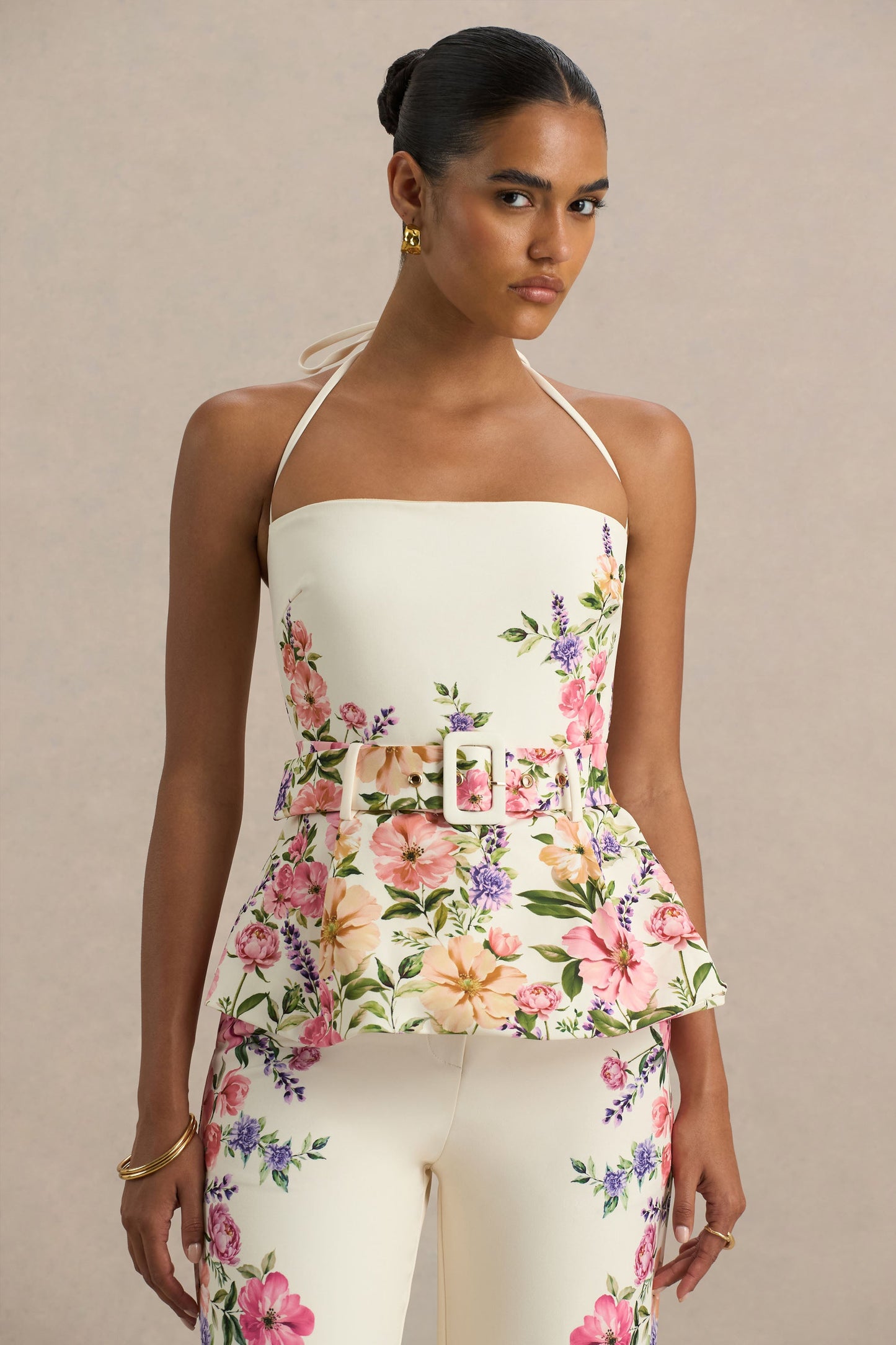 White Floral Border Print Square-Neck Tailored Top