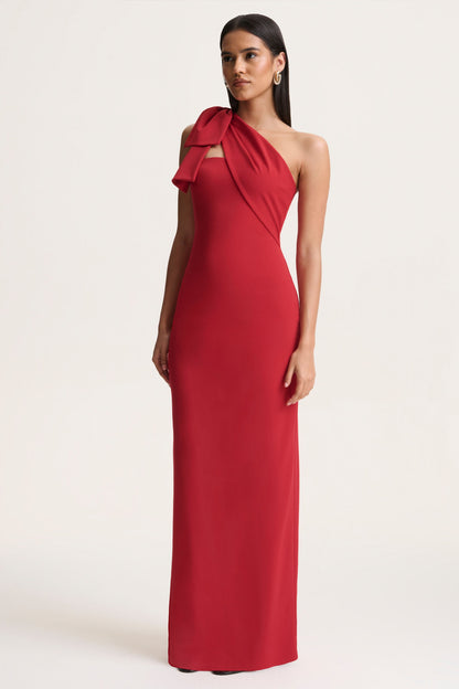 Red Asymmetric-Neck Maxi Dress With Bow-Detail