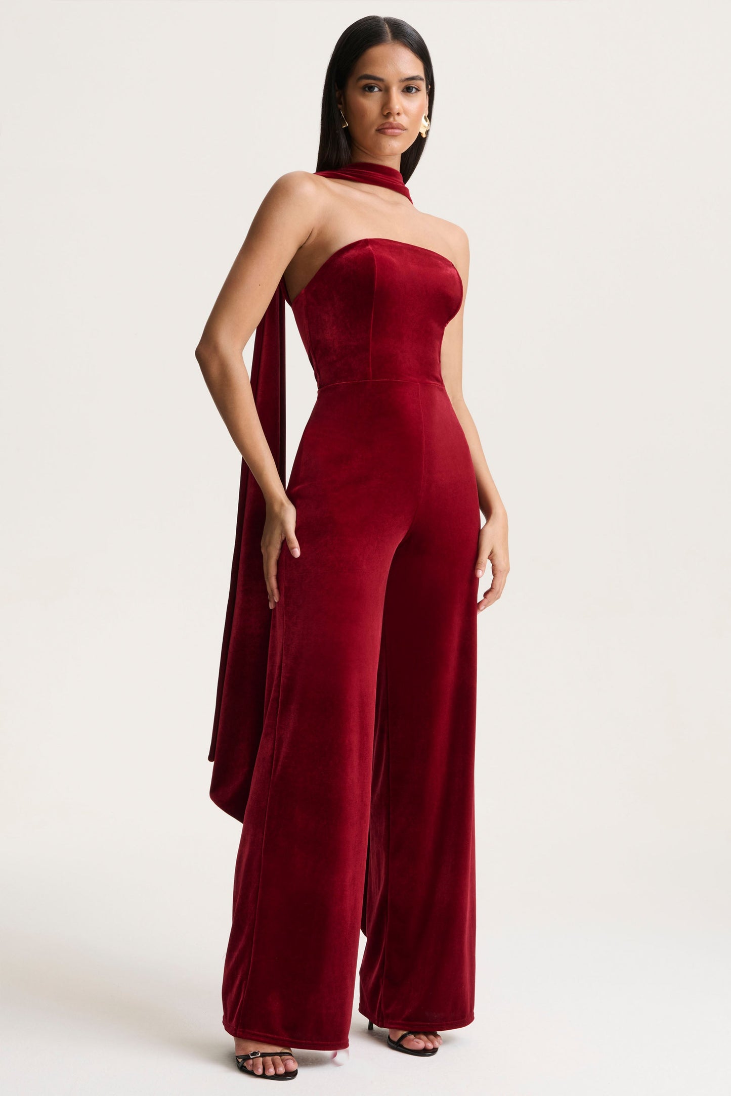 Burgundy Velvet Bandeau Jumpsuit With Scarf