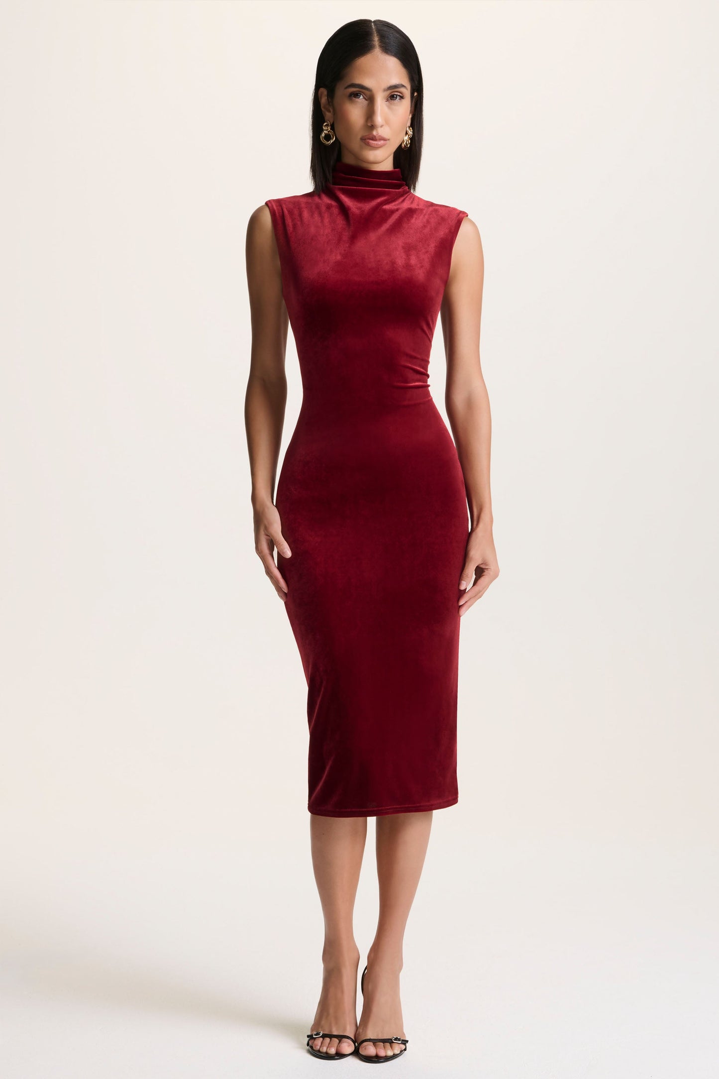Burgundy Velvet High-Neck Midi Dress With Cap-Sleeves