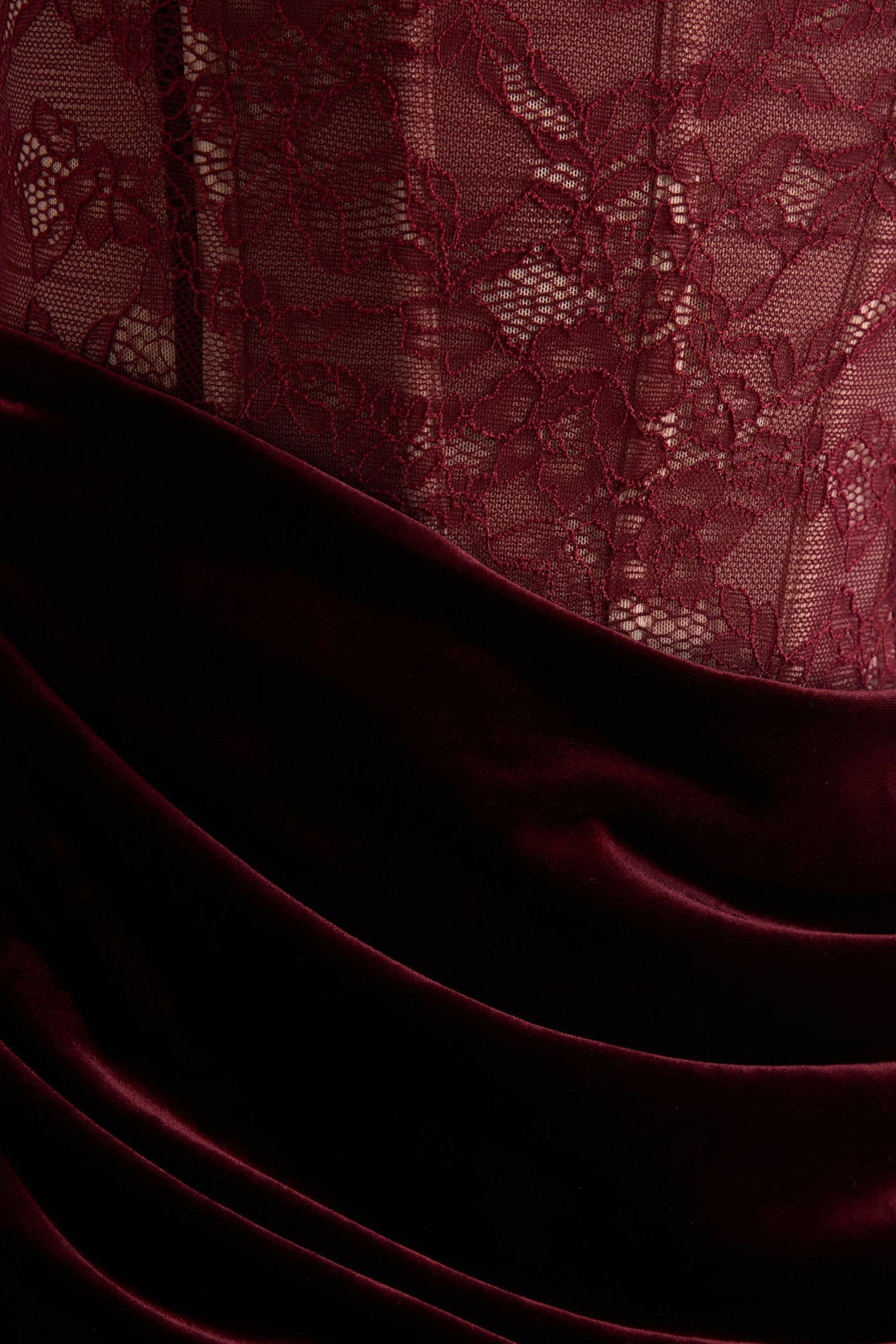 Burgundy Lace And Velvet Square-Neck Maxi Dress With Draped Skirt