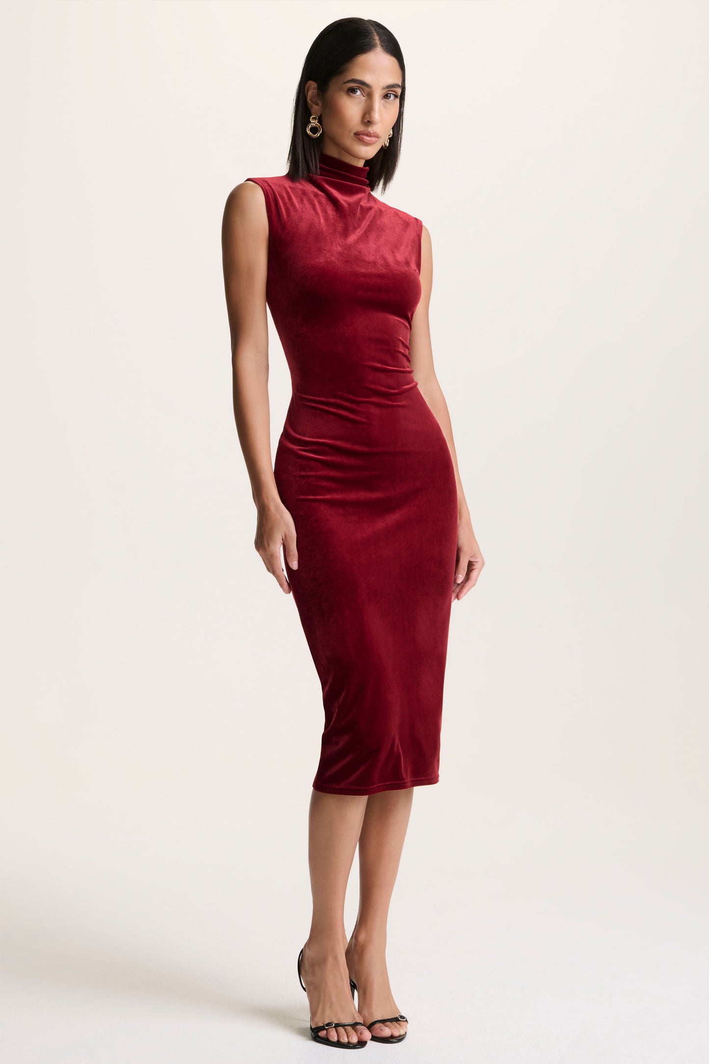 Burgundy Velvet High-Neck Midi Dress With Cap-Sleeves