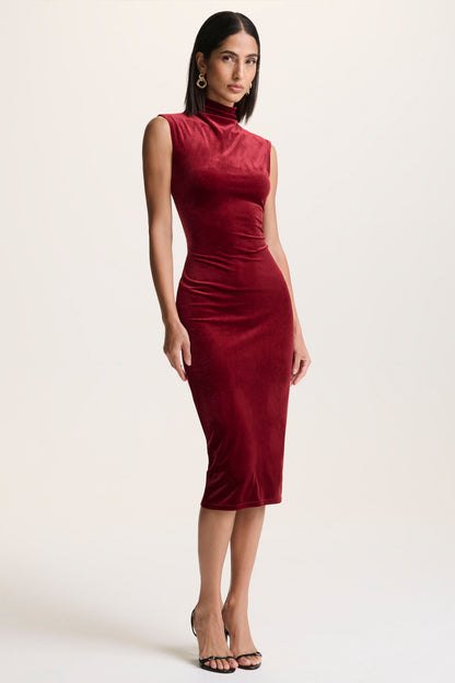 Burgundy Velvet High-Neck Midi Dress With Cap-Sleeves