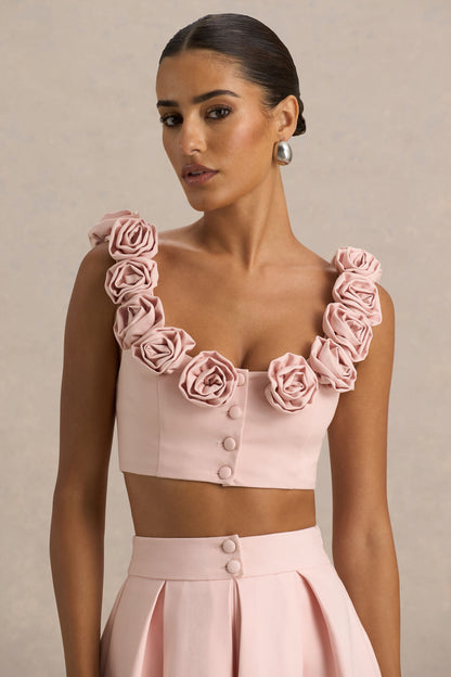 Baby Pink Scoop-Neck Crop Top With Corsage Details