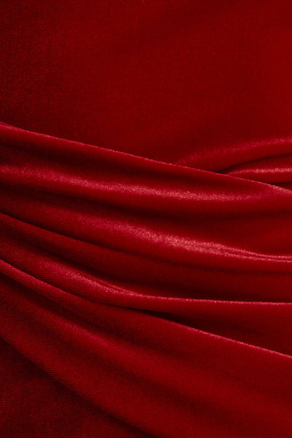 Red Velvet Asymmetric-Neck Maxi Dress With Sash-Detail